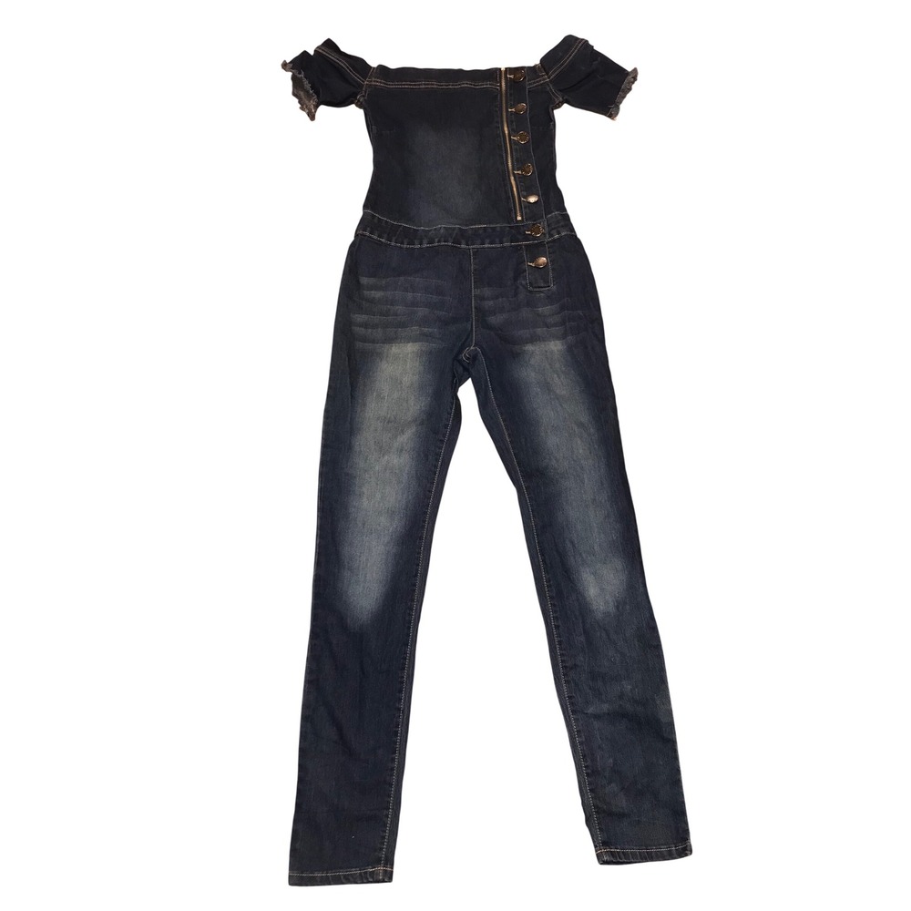 VIP Jeans Womens Dark Wash Off Shoulder Denim Jumpsuit Size 5/6 Streetwear